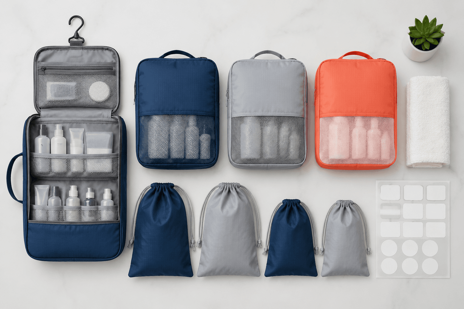 A travel wash kit laid out: hanging toiletry bag, wet/dry pouches and packing labels